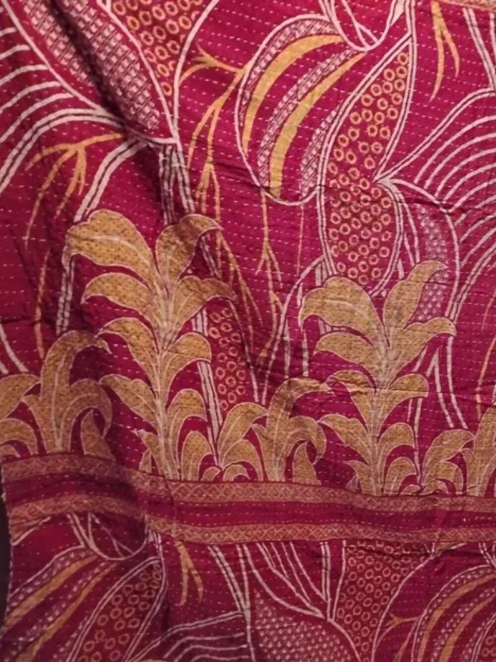 Kantha Quilt Red Yellow Large Leaves Premium 3 Layer Cotton K216.